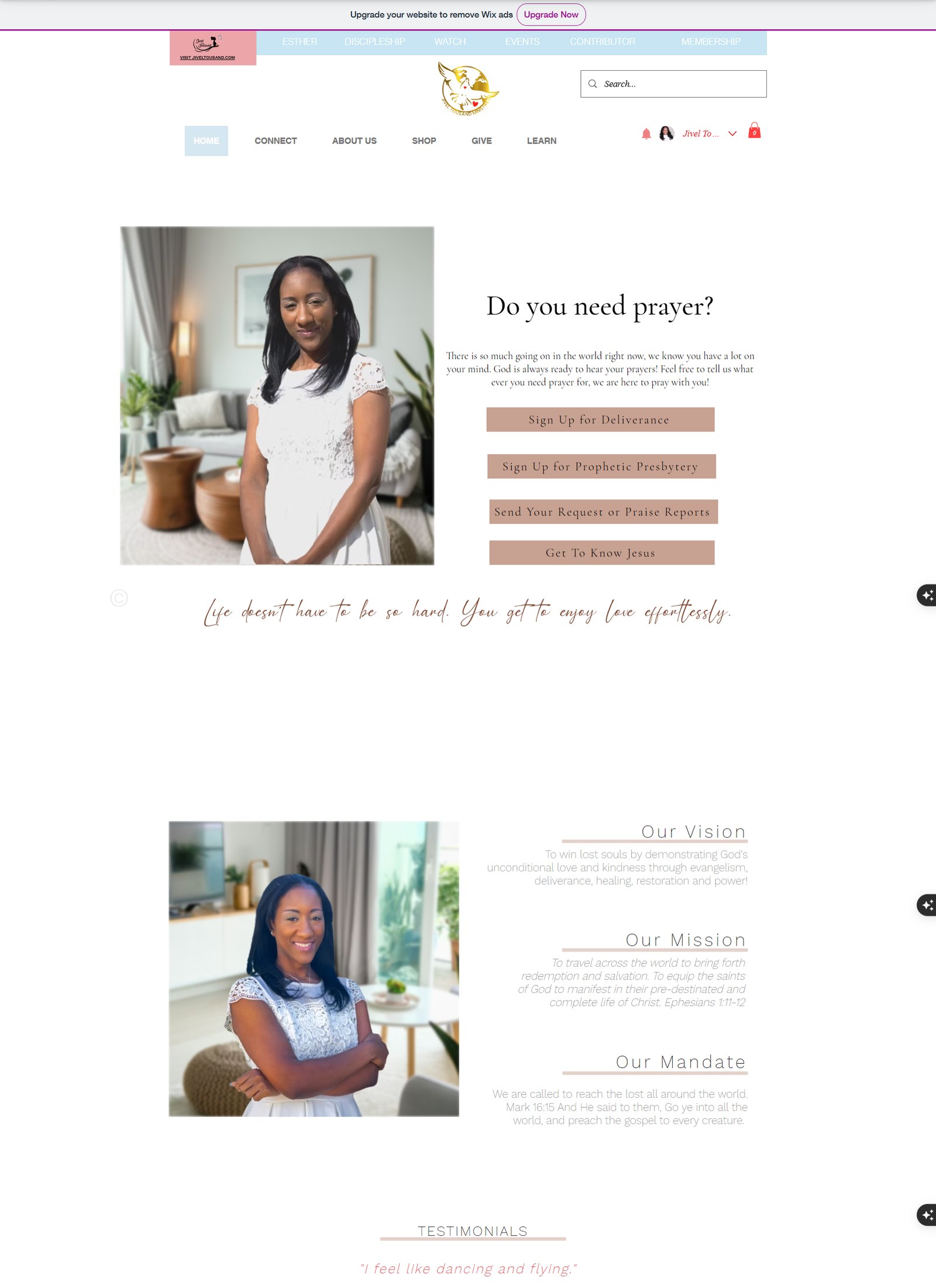 The original Jivel Tousand homepage, two competing navigation bars above a page opening on the question Do you need prayer, with four equally weighted buttons and large empty vertical gaps